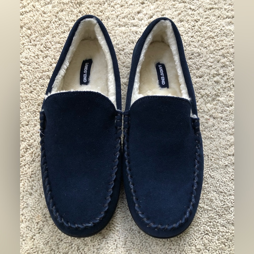 Lands’ End Mens Blue Suede Moccasin Slipper Size 10 Gem